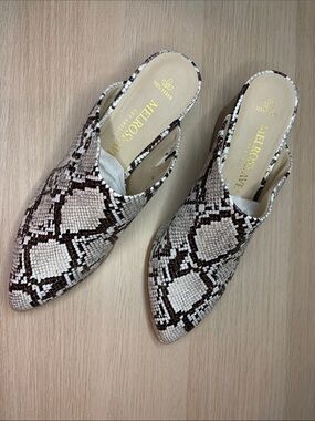 Melrose Ave. Snake-Print Slip-in Mules in White and Brown